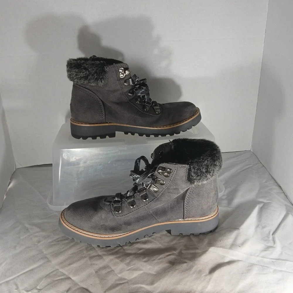 ana A New Approach Womens Grey Faux Suede Faux Fur Trim Hiking Boots Size‎ 6